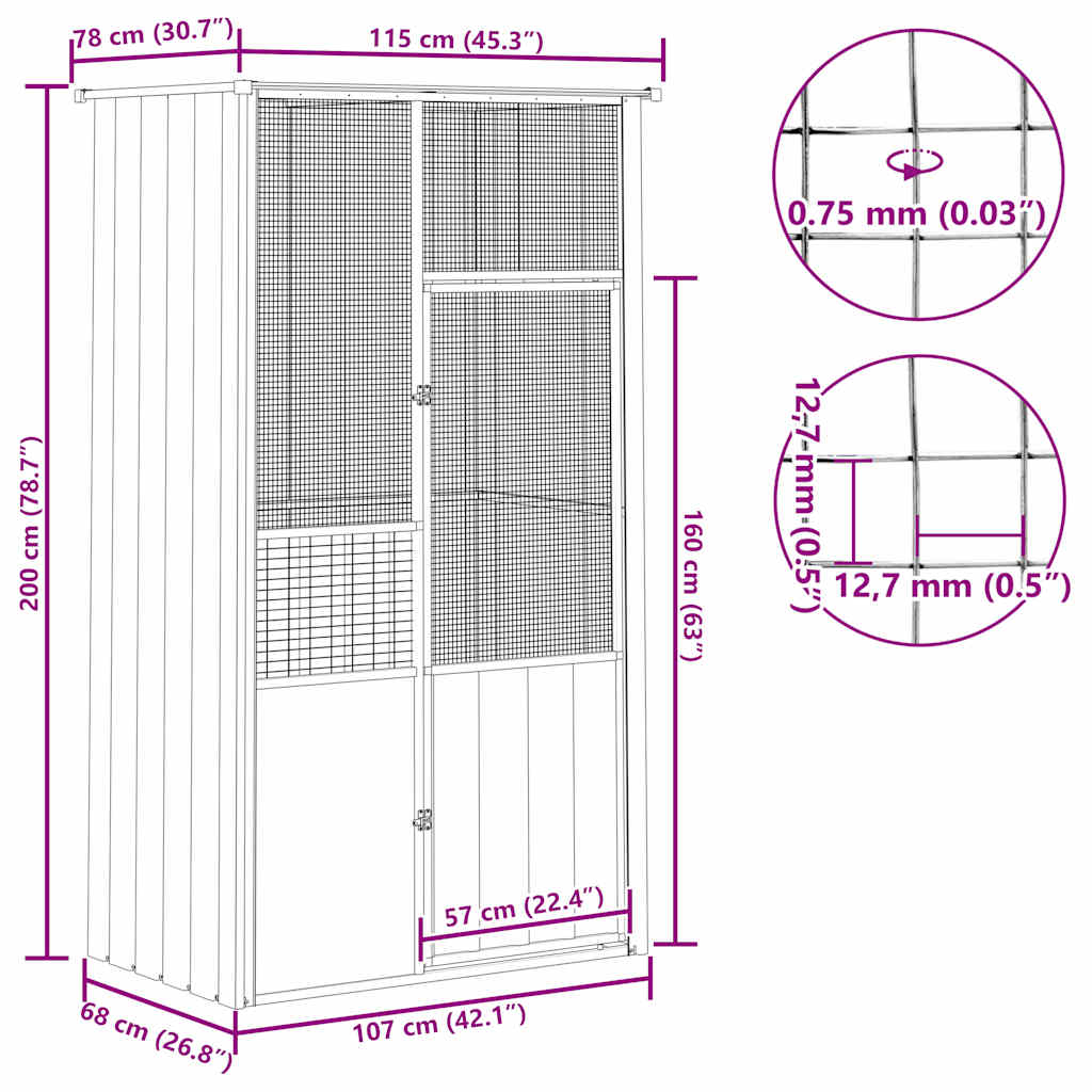 Ptačí klec šedá 115 x 78 x 200 cm pozinkovaná ocel